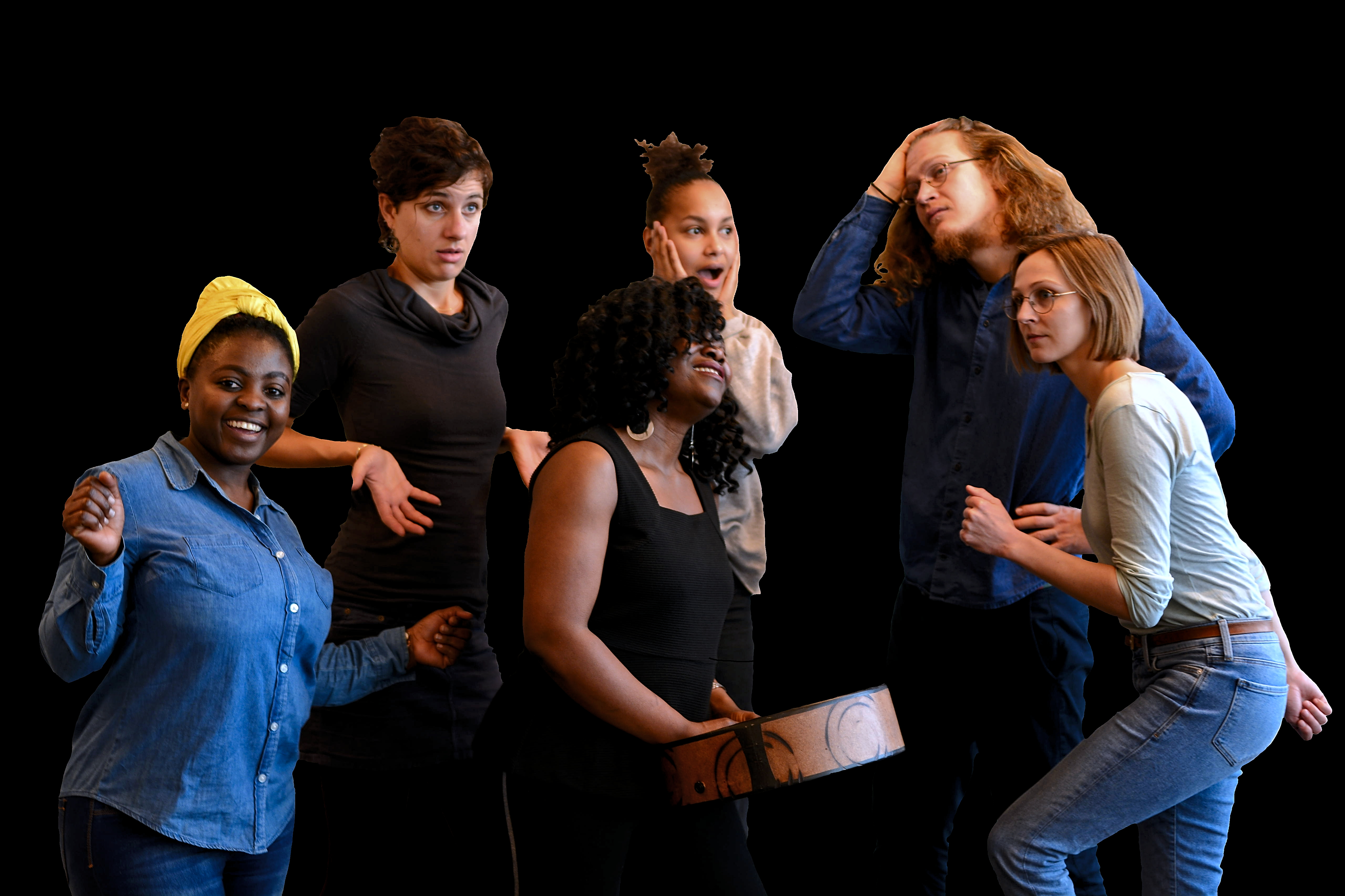 Theater Plakat des Stücks: es zeigt sechs Menschen vor einem schwarzen Hintergrund - CC: Charlott Schönwetter