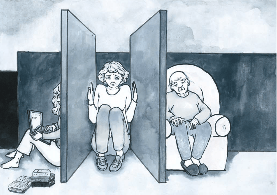 The double care burden of the so-called 'sandwich generation', i.e. those who care for both children and elderly family members, came up several times during the focus group interviews. Picture drawn by Emma Krasznahorkai, see Nőügyek 2018 (Women’s Affairs 2018), p. 19.