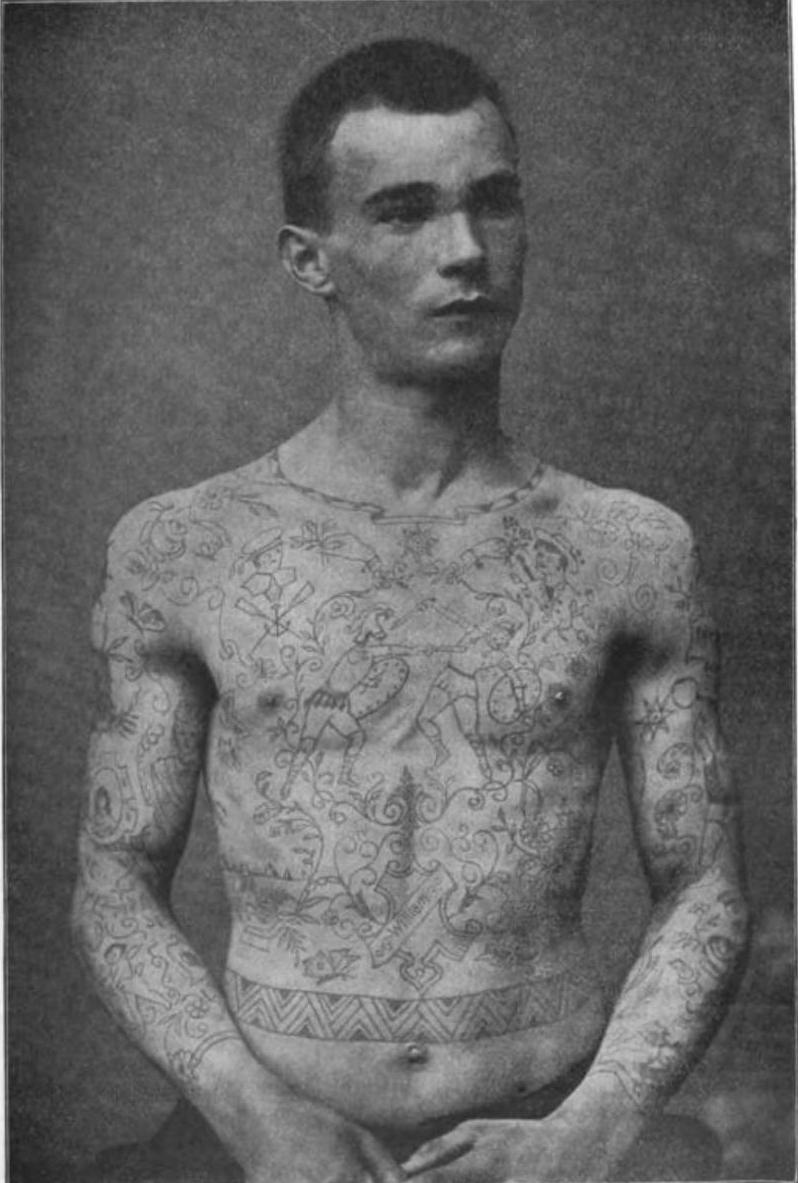 A young German man with heavily tattooed chest and arms, included in Krauss’s 1904 essay on erotic tattoos