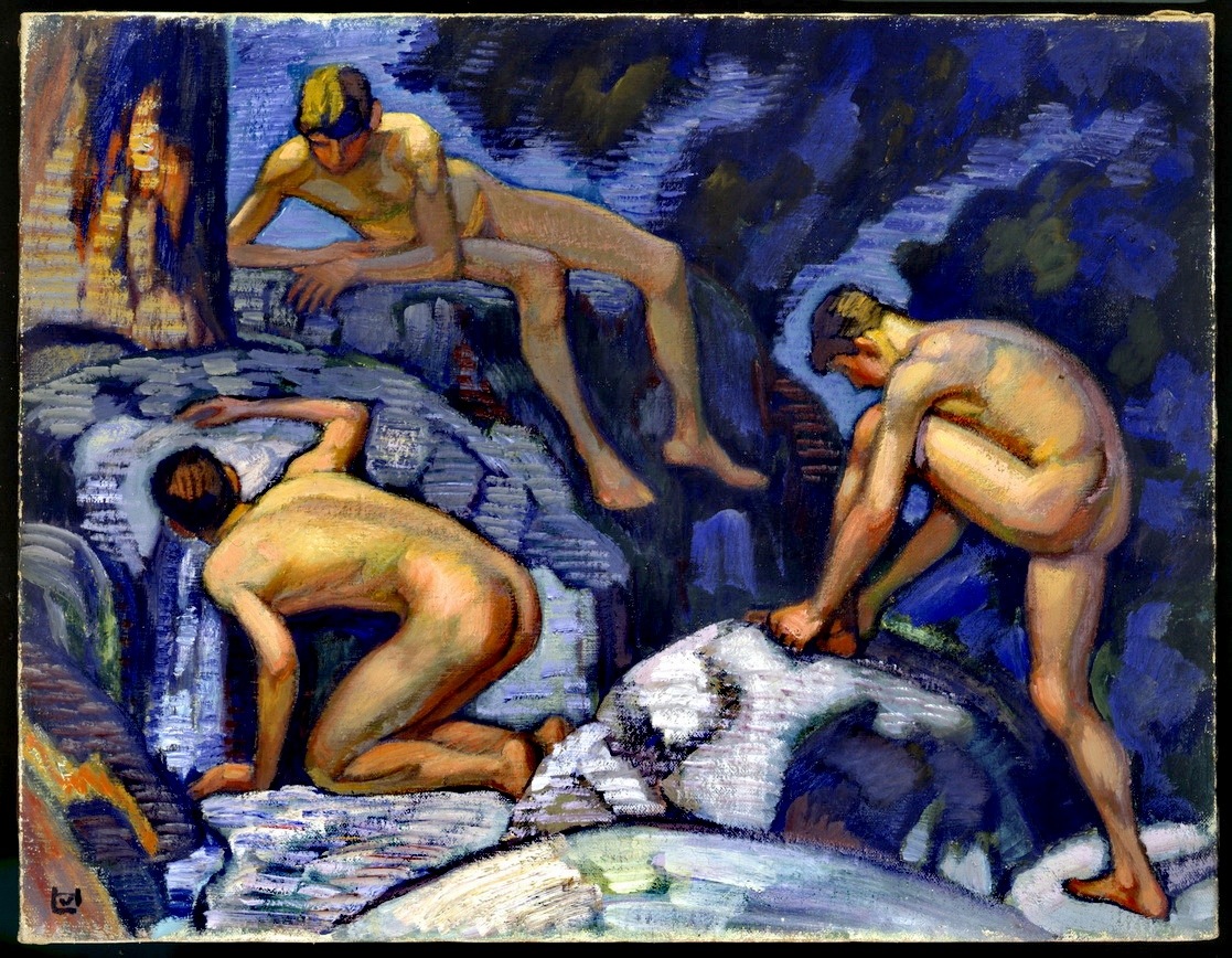 Three nude boys search among abstract blue rocks for the source of a stream.