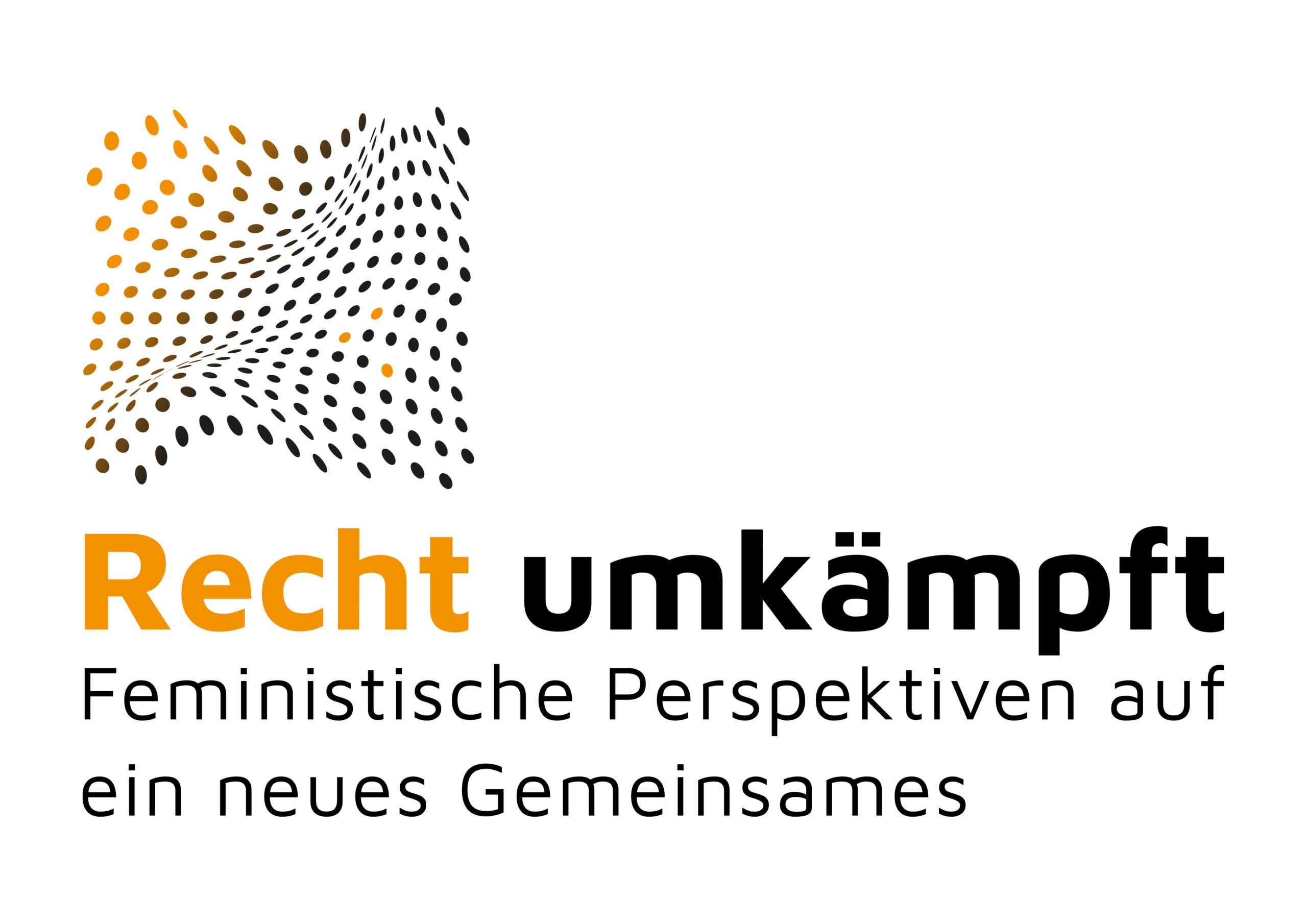 Das Bild zeigt das Logo des Forschungsprojektes "Recht umkämpft. Feministische Perspektiven auf ein neues Gemeinsames", das den Schriftzug sowie eine perspektivisch verformte Ansammlung von Punkten zeigt in den Farbnuancen orange bis schwarz umfasst.