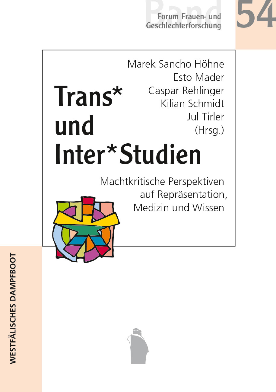 Das Bild zeigt das Cover des vorgestellten Buches "Marek Sancho Höhne, Esto Mader, Caspar Rehlinger, Kilian Schmidt, Jul Tirler (Hrsg.) (2025): Trans* und Inter* Studien. Machtkritische Perspektiven auf Repräsentation, Medizin und Wissen"