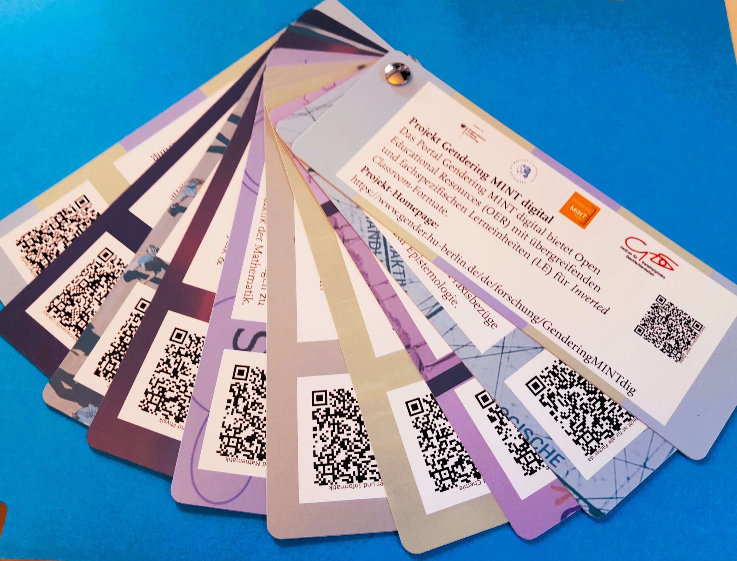 Das Bild zeigt einen geöffneten Fächer aus Karten, wobei jede Karte für eine Lerneinheit und Lehrunterstützung des Projektes GeMINTdidakt steht und einen Link als QR-Code zu diesen bereitstellt.