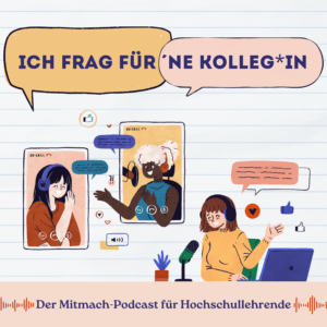 Die Illustration zeigt eine Podcast-Aufnahme mit drei Personen, zwei auf Bildschirmen und eine sitzend vor Mikrofon und Laptop, dazu Sprechblasen mit Symbolen wie Daumen hoch und Herz.