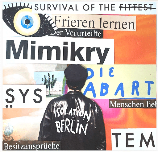 Collage mit einer Person von hinten in einer schwarzen Jacke mit der Aufschrift 'ISOLATION BERLIN' vor einem orange-gelben Hintergrund mit verschiedenen ausgeschnittenen Texten wie 'Mimikry', 'Frieren lernen', 'Besitzansprüche' und 'DIE ABART'.