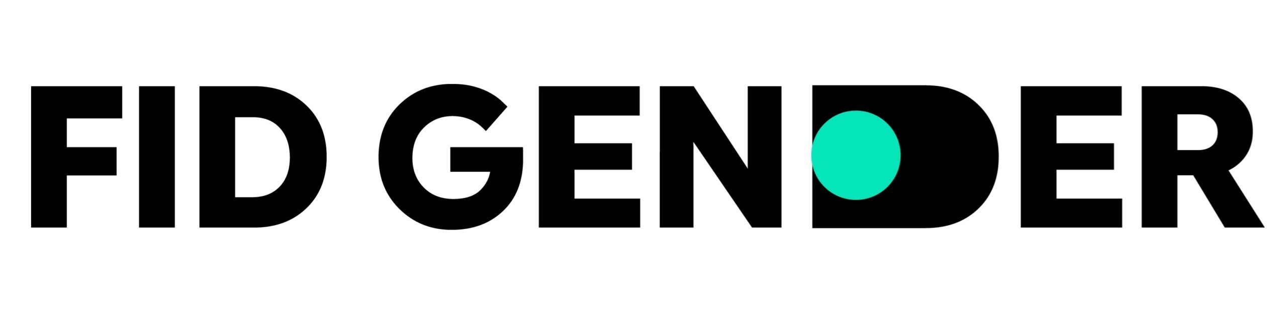 Schriftzug „FID GENDER" in schwarzer, geometrischer Serifenlos-Schrift auf weißem Grund. Der runde Gegenformbereich des Buchstabens „D" in „GENDER" ist mit einem türkisen Kreis ausgefüllt.